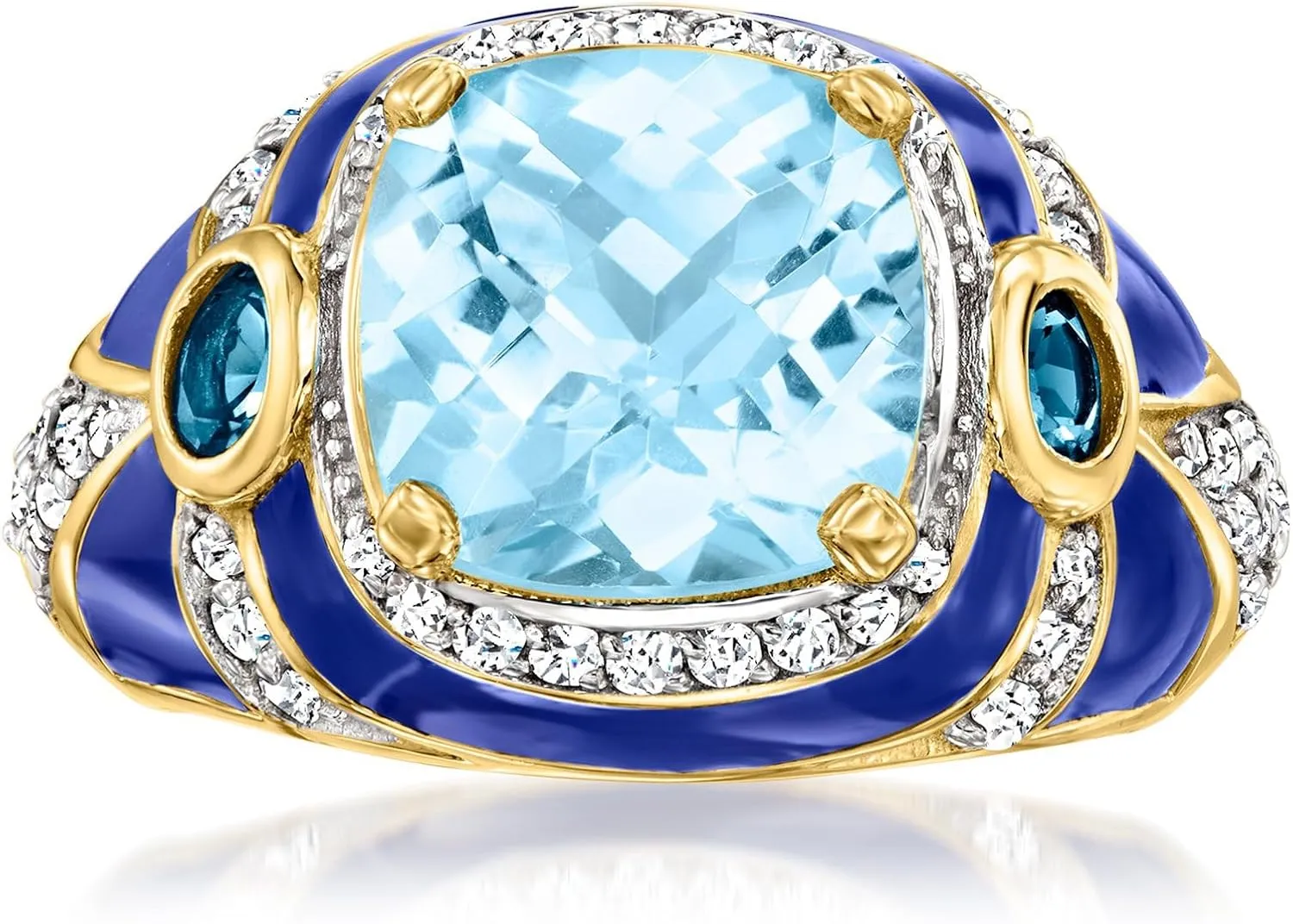 Ross-Simons 4.40 ct. t.w. London and Sky Blue Topaz and .50 ct. t.w. White Zircon Ring With Blue Enamel in 18kt Gold Over Sterling