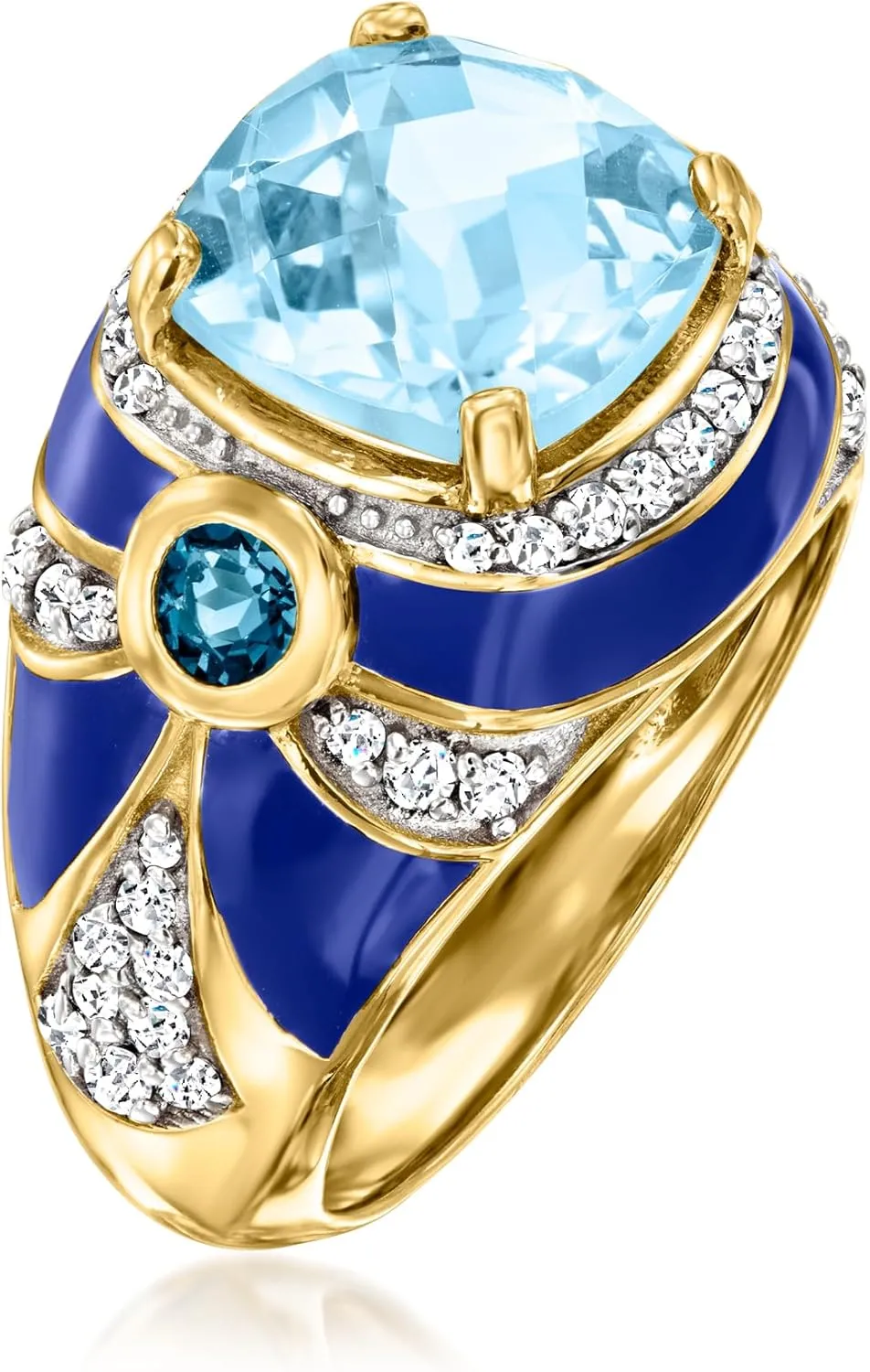 Ross-Simons 4.40 ct. t.w. London and Sky Blue Topaz and .50 ct. t.w. White Zircon Ring With Blue Enamel in 18kt Gold Over Sterling