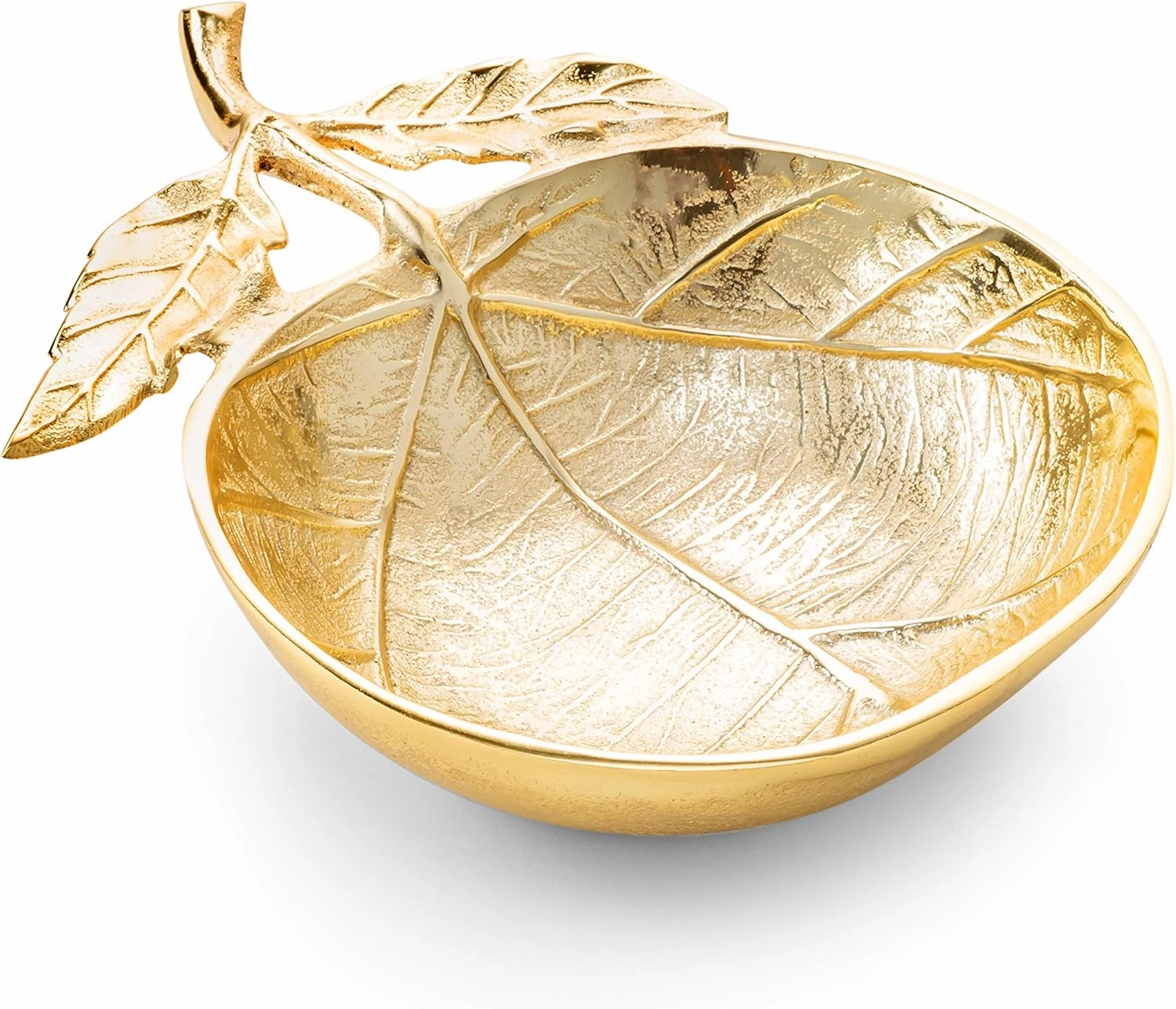Round Gold Shallow Bowl with Leaf and Vein Design