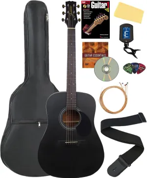 S35 Dreadnought Acoustic Guitar - Matte Black Bundle with Gig Bag, Strings, Tuner, Strap, Picks, Instructional Book, Austin Bazaar Instructional DVD, and Polishing Cloth