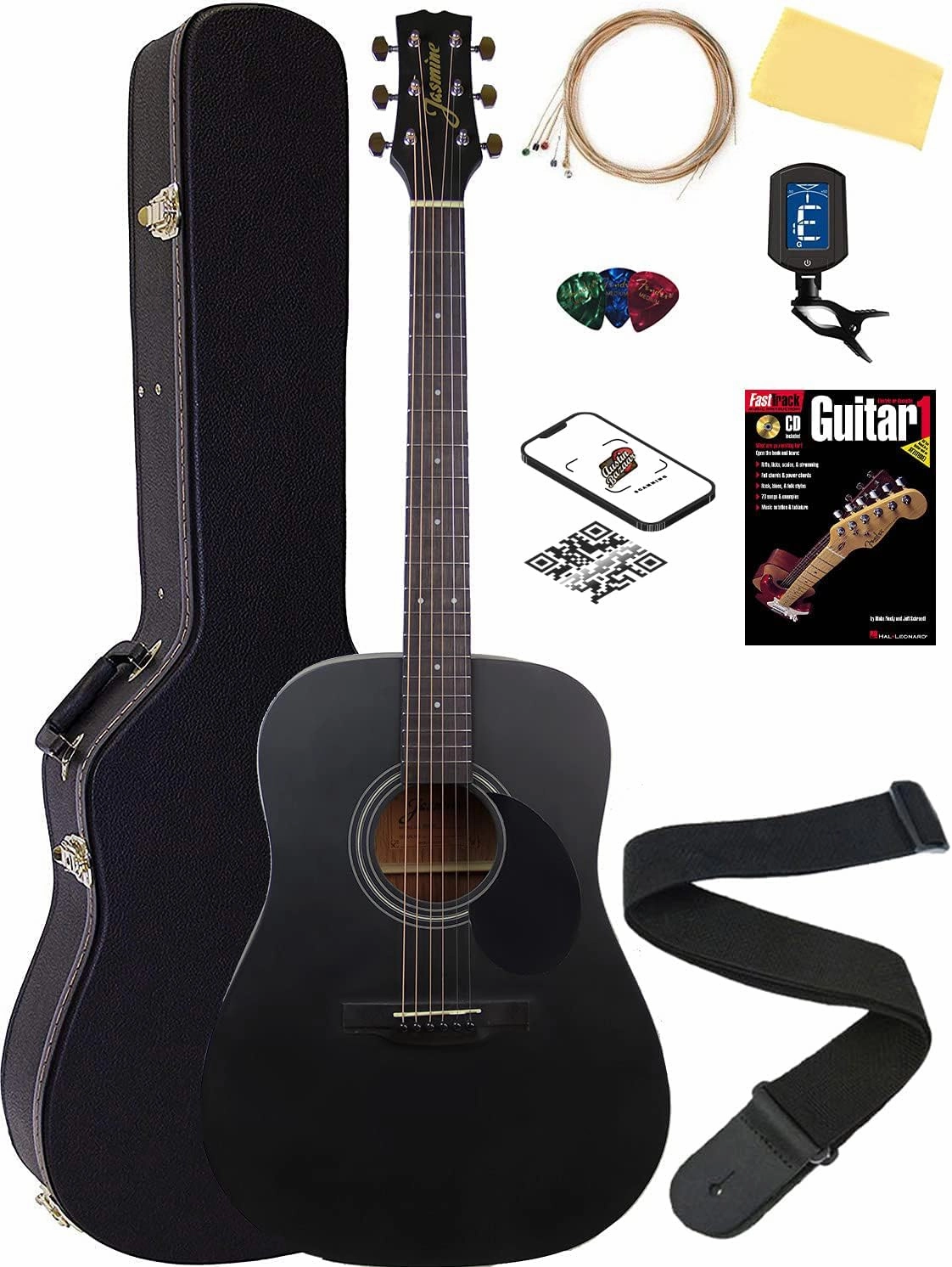 S35 Dreadnought Acoustic Guitar - Matte Black Bundle with Hard Case, Strings, Tuner, Strap, Picks, Instructional Book, Austin Bazaar Instructional Video, and Polishing Cloth