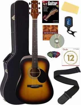 S35 Dreadnought Acoustic Guitar - Matte Sunburst Bundle with Hard Case, Strings, Tuner, Strap, Picks, Instructional Book, Austin Bazaar Instructional DVD, and Polishing Cloth