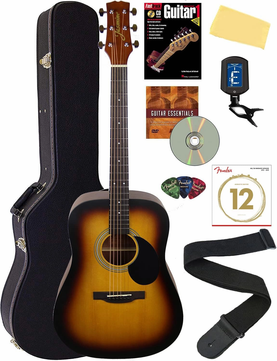 S35 Dreadnought Acoustic Guitar - Matte Sunburst Bundle with Hard Case, Strings, Tuner, Strap, Picks, Instructional Book, Austin Bazaar Instructional DVD, and Polishing Cloth