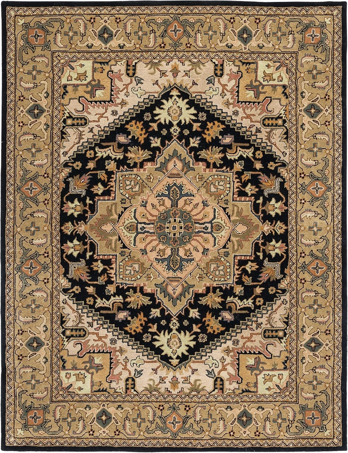 SAFAVIEH Heritage Collection Area Rug - 9' x 12', Black & Gold, Handmade Traditional Oriental Medallion Wool, Ideal for High Traffic Areas in Living Room, Bedroom (HG625Z)
