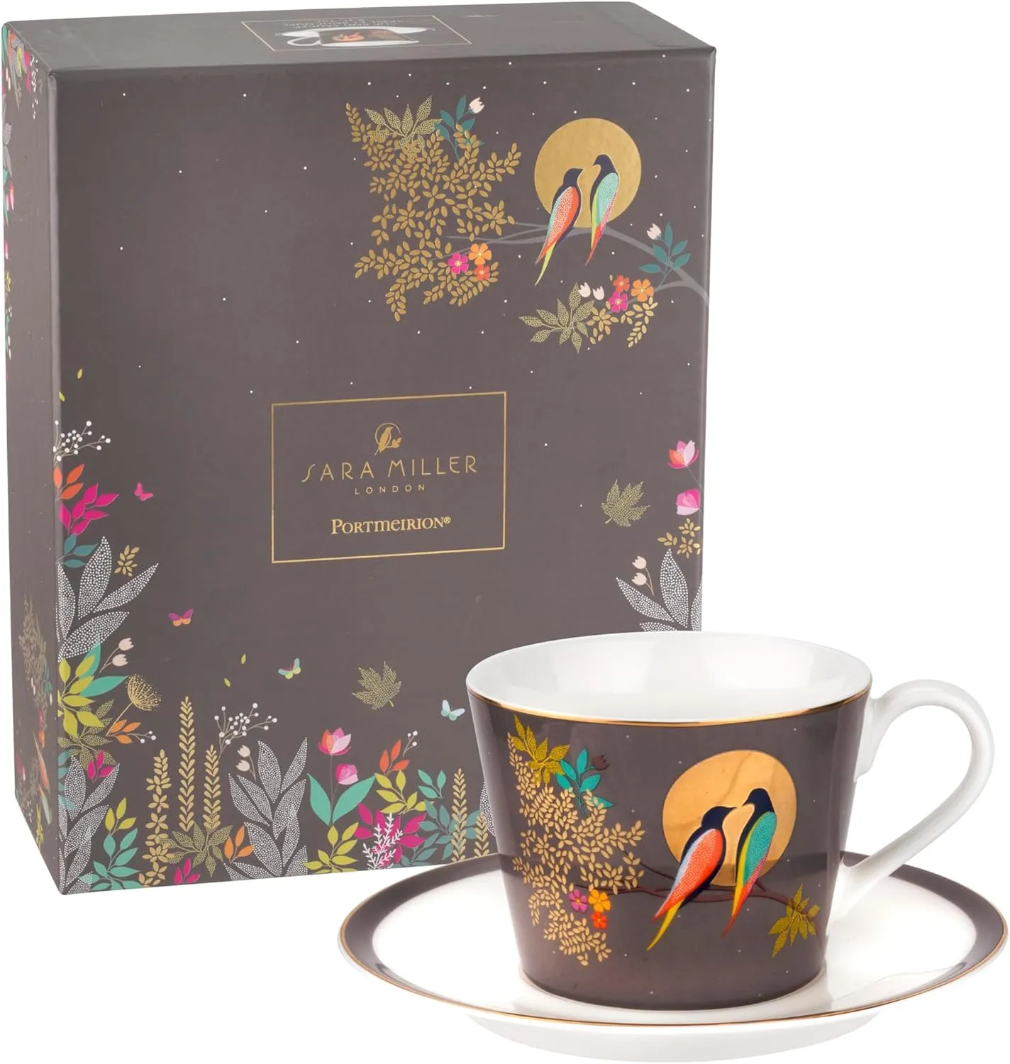 Sara Miller Chelsea 8oz Fine China Teacup & Saucer Set, Dark Grey with 22K Gold Rim - Elegant Afternoon Tea Cup with Love Bird Design for Tea Party or Picnic Essentials - Great Anniversary Gift