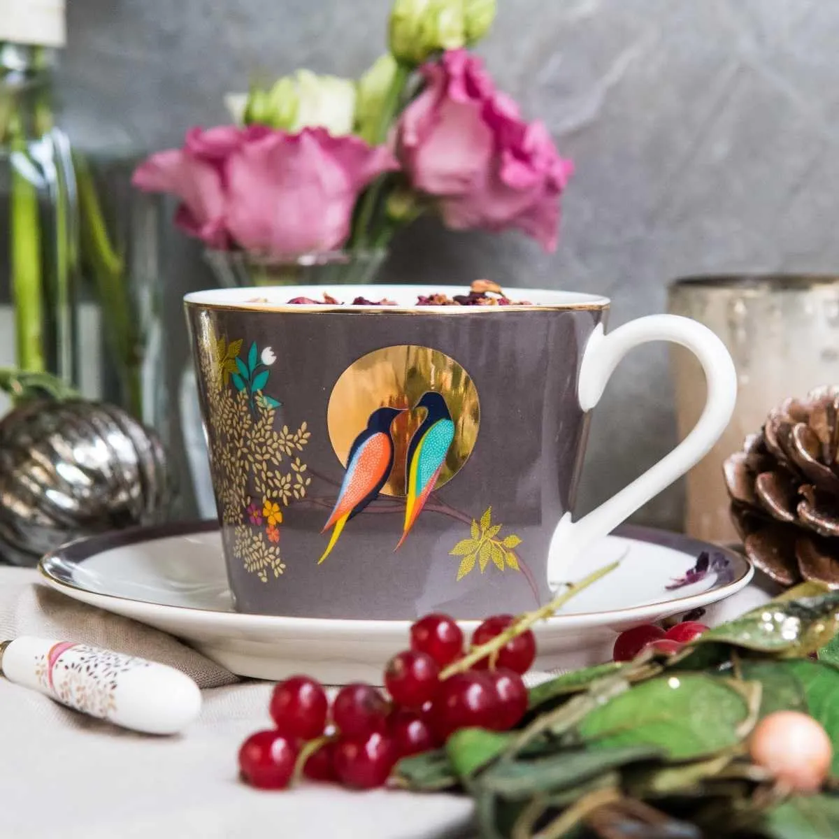 Sara Miller Chelsea 8oz Fine China Teacup & Saucer Set, Dark Grey with 22K Gold Rim - Elegant Afternoon Tea Cup with Love Bird Design for Tea Party or Picnic Essentials - Great Anniversary Gift