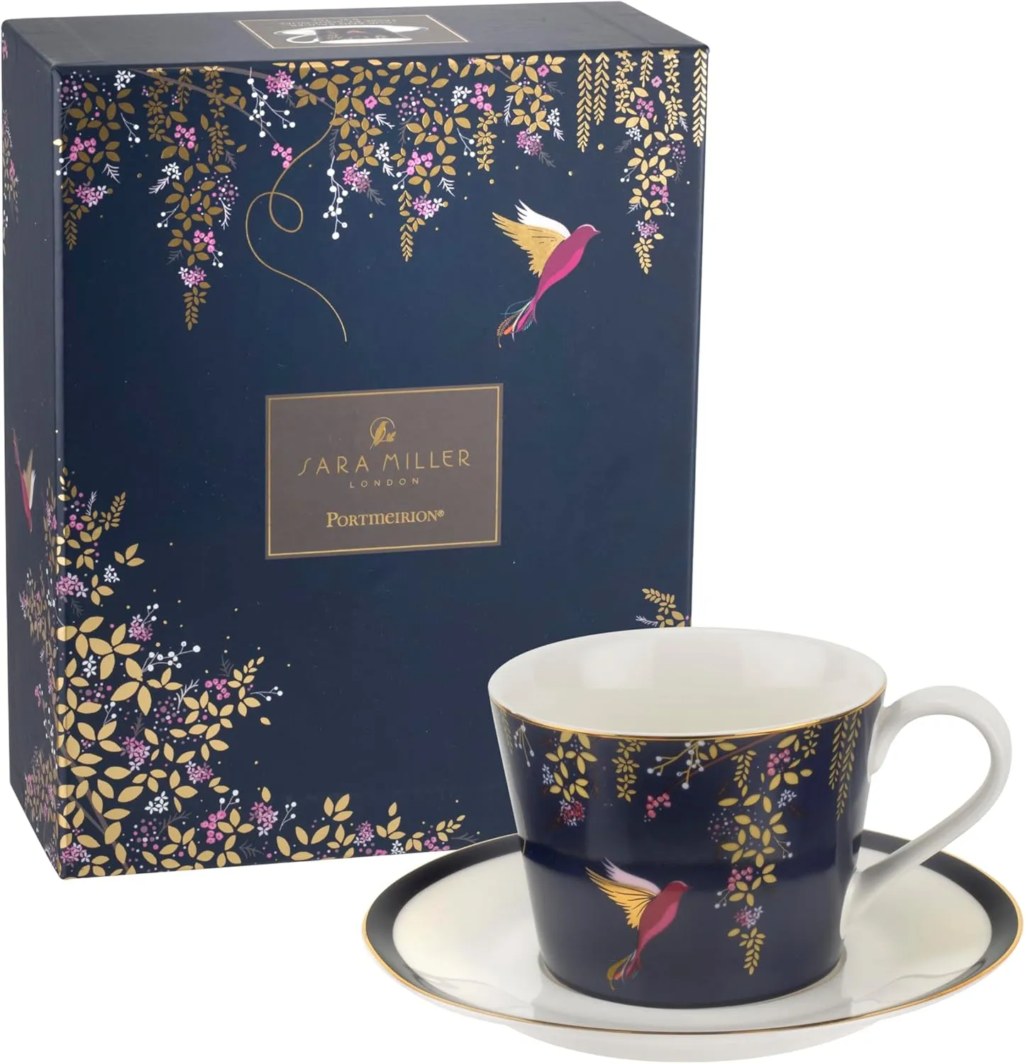Sara Miller Chelsea 8oz Fine China Teacup & Saucer Set, Navy with 22K Gold Rim - Elegant Afternoon Tea Cup with Hummingbird Design for Tea Party or Picnic Essentials - Great Gift for Her/Mothers