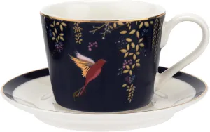 Sara Miller Chelsea 8oz Fine China Teacup & Saucer Set, Navy with 22K Gold Rim - Elegant Afternoon Tea Cup with Hummingbird Design for Tea Party or Picnic Essentials - Great Gift for Her/Mothers