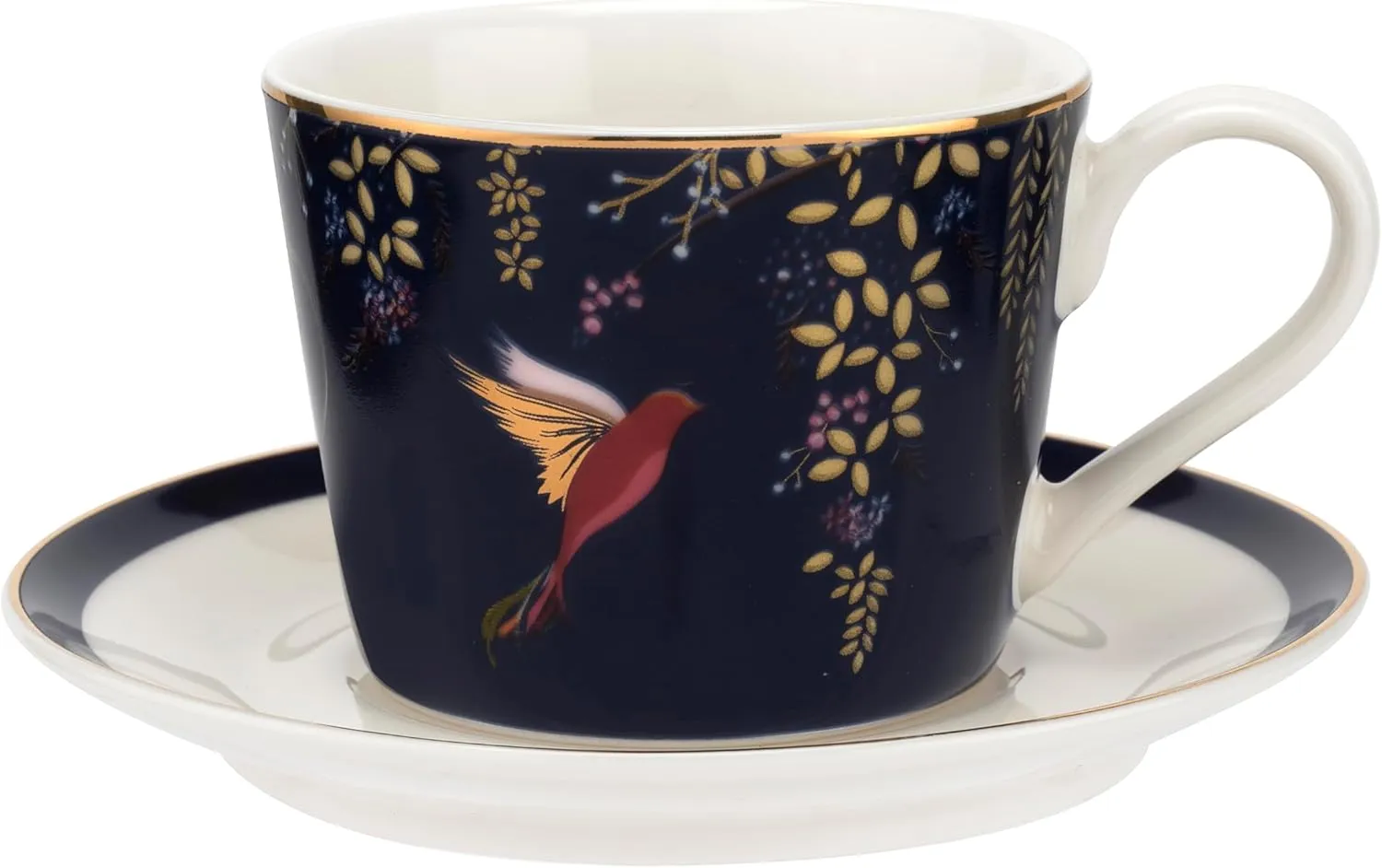Sara Miller Chelsea 8oz Fine China Teacup & Saucer Set, Navy with 22K Gold Rim - Elegant Afternoon Tea Cup with Hummingbird Design for Tea Party or Picnic Essentials - Great Gift for Her/Mothers