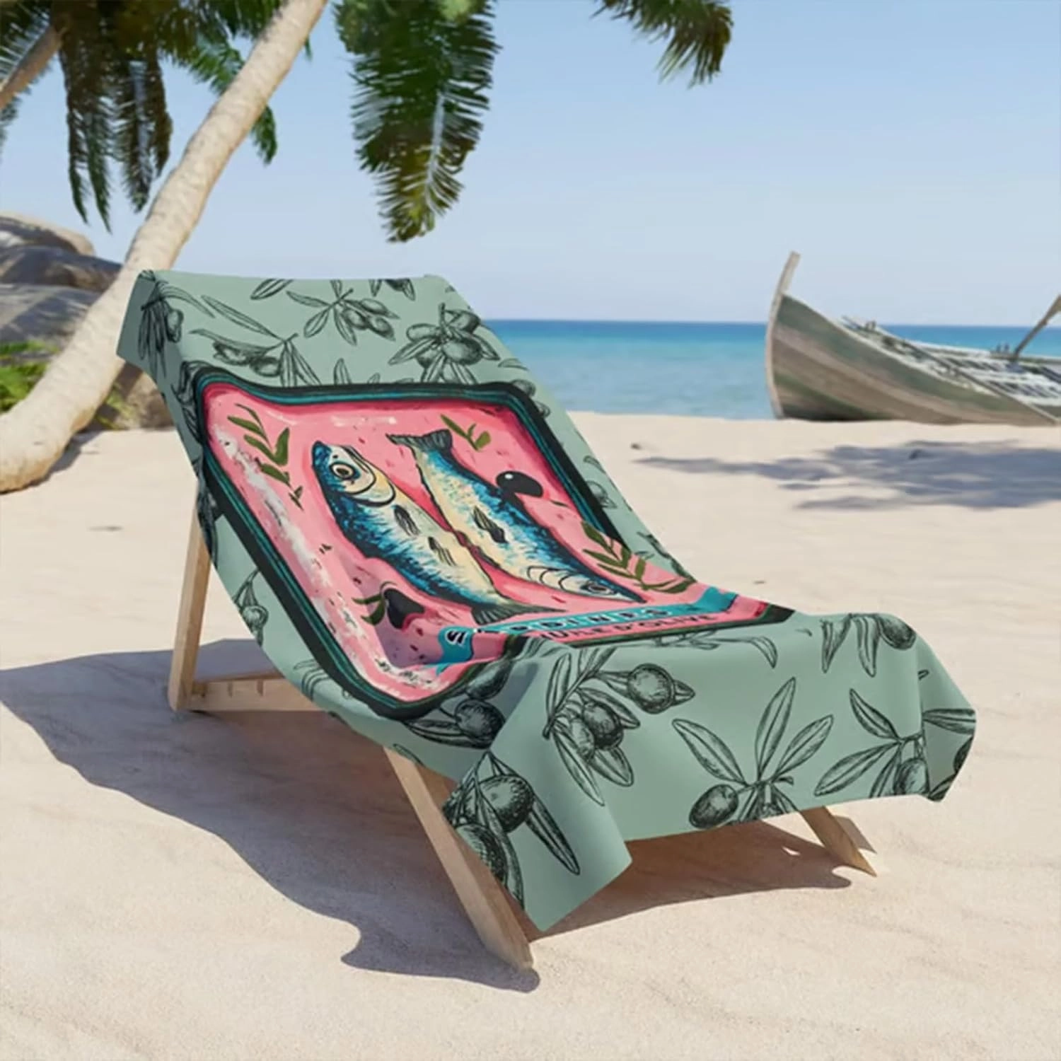 Sardines and Olives Beach Towel, Vibrant Seafood Art, Sardines Summer Beach Towel for Pool, Fisherman-Inspired Design, Coastal Summer Towels for Foodies (Medium)