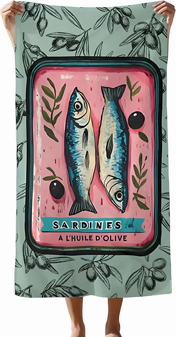 Sardines and Olives Beach Towel, Vibrant Seafood Art, Sardines Summer Beach Towel for Pool, Fisherman-Inspired Design, Coastal Summer Towels for Foodies (Medium)