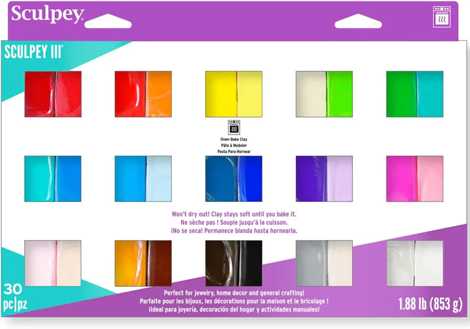 Sculpey III 30 Vibrant Colors of Polymer Oven-Bake Clay, Non Toxic 1.88 lbs., great for modeling, sculpting, holiday, DIY, mixed media and school projects. Great for all skill levels.