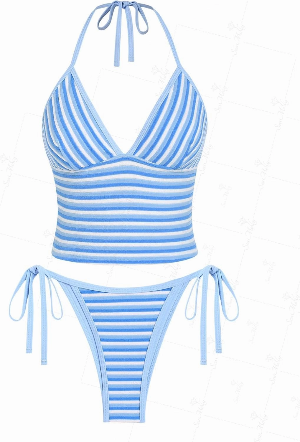 seamoly Red Gingham Floral Printed Halter Tie Side Chic Tankini Set