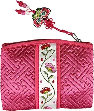 Seoulful Vintage Korean Embroidered Card Pouch - Wildflower Design Coin Purse with Butterfly Charm (Pink)