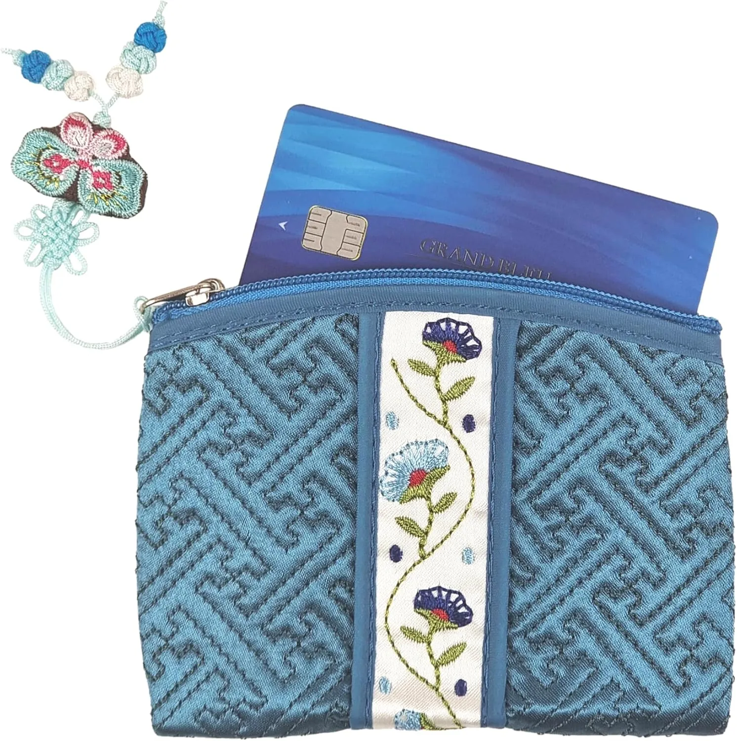 Seoulful Vintage Korean Embroidered Card Pouch - Wildflower Design Coin Purse with Butterfly Charm (Pink)
