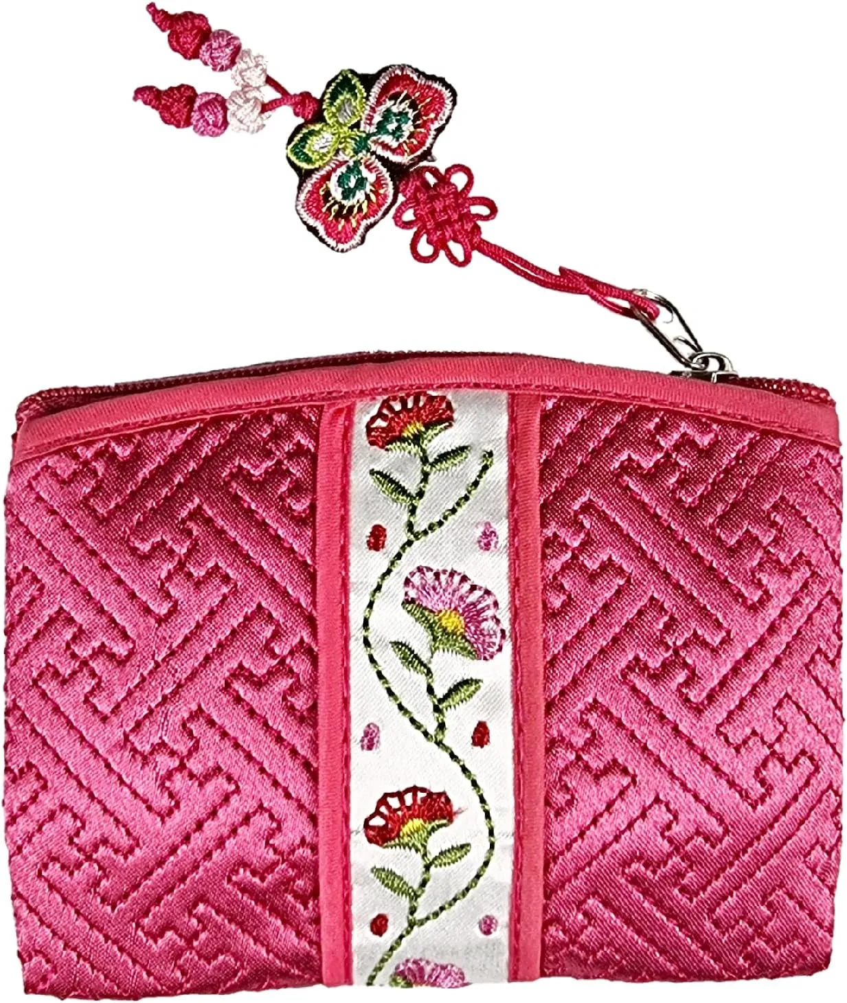 Seoulful Vintage Korean Embroidered Card Pouch - Wildflower Design Coin Purse with Butterfly Charm (Pink)