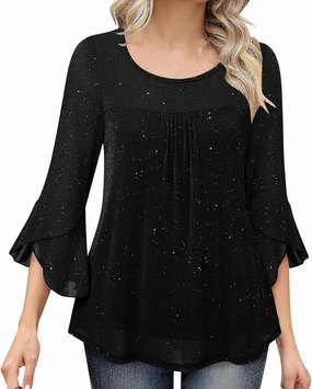 Sequin Tops for Women Ruffle 3/4 Sleeve Glitter Sparkly Tops Crew Neck Party Shirts Elegant Double Layers Mesh Tunic Tops