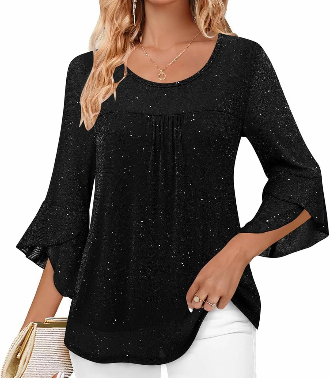 Sequin Tops for Women Ruffle 3/4 Sleeve Glitter Sparkly Tops Crew Neck Party Shirts Elegant Double Layers Mesh Tunic Tops