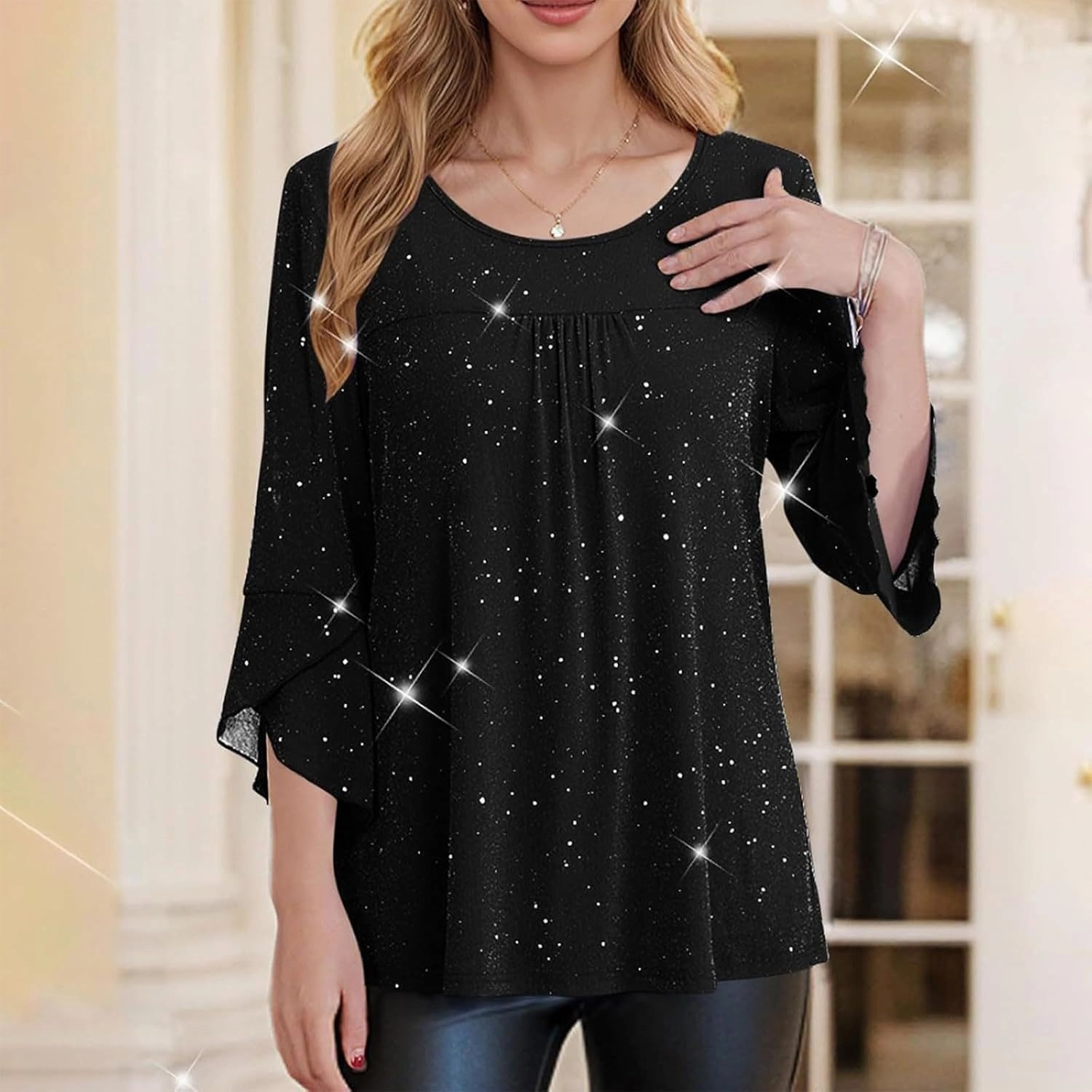 Sequin Tops for Women Ruffle 3/4 Sleeve Glitter Sparkly Tops Crew Neck Party Shirts Elegant Double Layers Mesh Tunic Tops