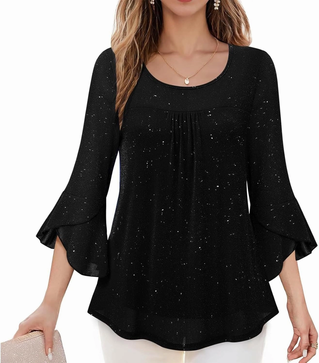 Sequin Tops for Women Ruffle 3/4 Sleeve Glitter Sparkly Tops Crew Neck Party Shirts Elegant Double Layers Mesh Tunic Tops