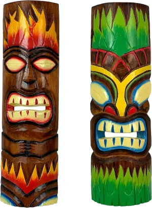 Set of 2 Fire and Earth Hand Crafted Wood Tiki Totem Wall Dcor Masks Tropical Decor 20 Inches High