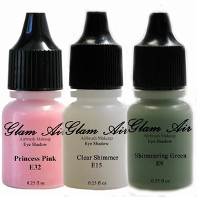 Set of Three (3) Shades of Glam Air Airbrush Eye Shadow Makeup E9 Shimmery Green, E15 Clear Shimmer and E32 Princess Pink Water-based Formula Last All Day (For All Skin Types) 0.25oz Bottles
