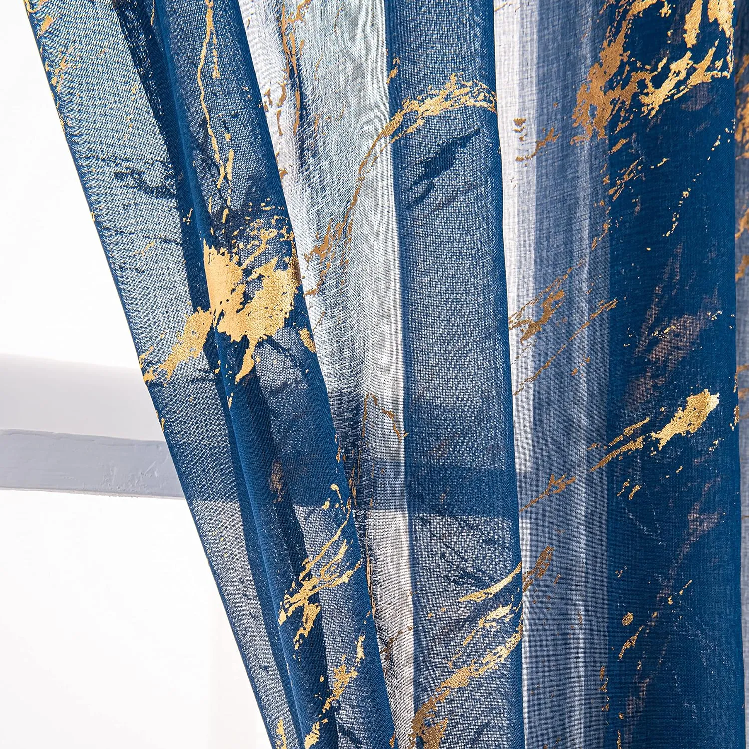 Sheer Curtains 84 inch Length 2 Panels Set, Rod Pocket Voile Drapes for Living Room, Metallic Gold Foil Print Window Treatment Privacy Pair, 52" W x 84" L, Navy Blue Marble