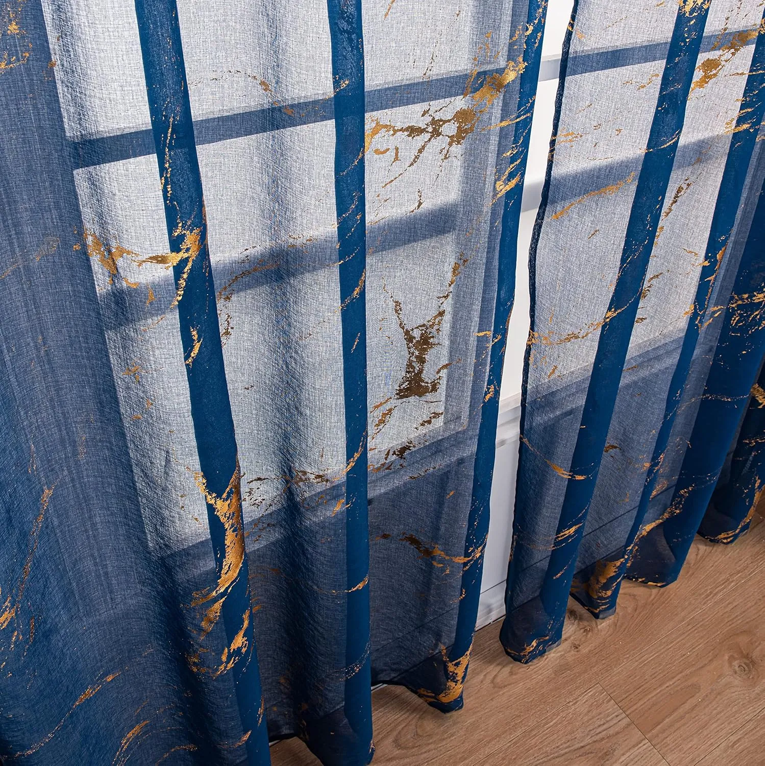 Sheer Curtains 84 inch Length 2 Panels Set, Rod Pocket Voile Drapes for Living Room, Metallic Gold Foil Print Window Treatment Privacy Pair, 52" W x 84" L, Navy Blue Marble