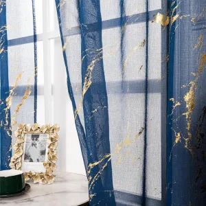 Sheer Curtains 84 inch Length 2 Panels Set, Rod Pocket Voile Drapes for Living Room, Metallic Gold Foil Print Window Treatment Privacy Pair, 52" W x 84" L, Navy Blue Marble