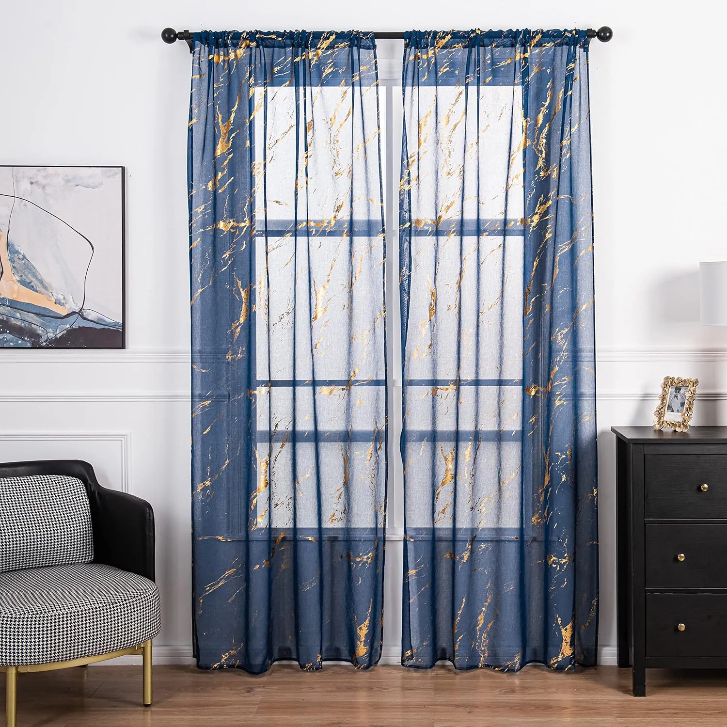 Sheer Curtains 84 inch Length 2 Panels Set, Rod Pocket Voile Drapes for Living Room, Metallic Gold Foil Print Window Treatment Privacy Pair, 52" W x 84" L, Navy Blue Marble