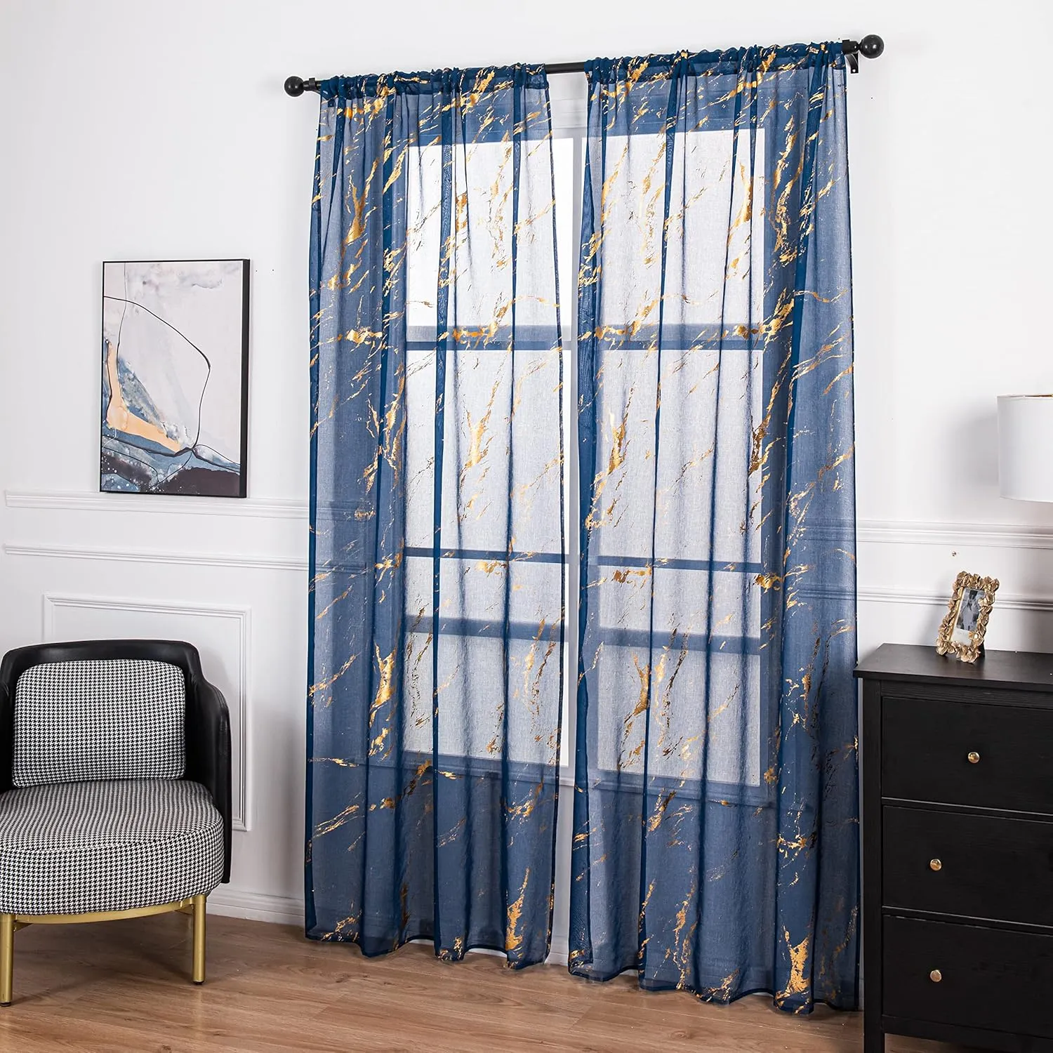 Sheer Curtains 84 inch Length 2 Panels Set, Rod Pocket Voile Drapes for Living Room, Metallic Gold Foil Print Window Treatment Privacy Pair, 52" W x 84" L, Navy Blue Marble