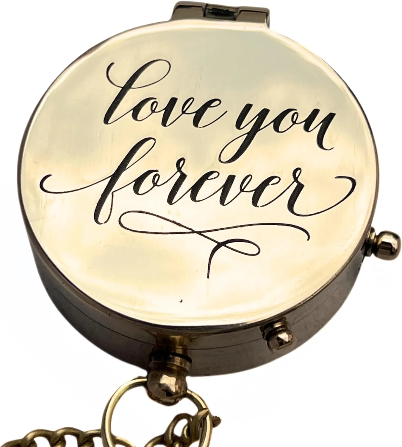 Shiny Brass Pocket Compass Engraved with 'Love You Forever' – Vintage Magnetic Antique Style Handmade Collectible Gift