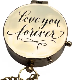 Shiny Brass Pocket Compass Engraved with 'Love You Forever' – Vintage Magnetic Antique Style Handmade Collectible Gift