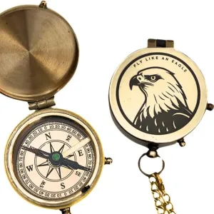 Shiny Brass Pocket Compass with Black Eagle Engraving and Chain – Rustic Vintage Magnetic Navigational Instrument for Home Decor