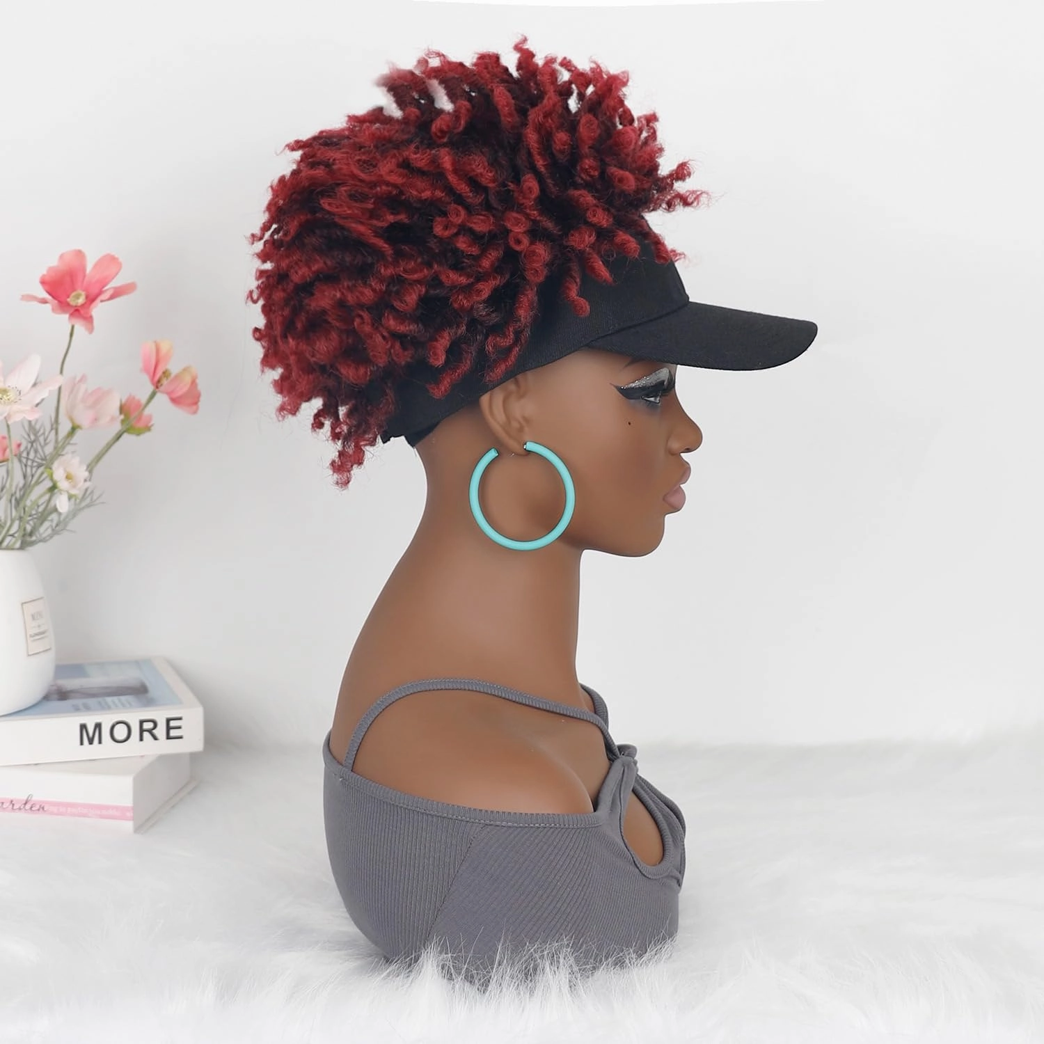 Short Braided Hat Wig Black Baseball Cap with Hair Attached Ombre Red Color Dreadlocks Braids Wigs for Black Women(1BTBUG#)