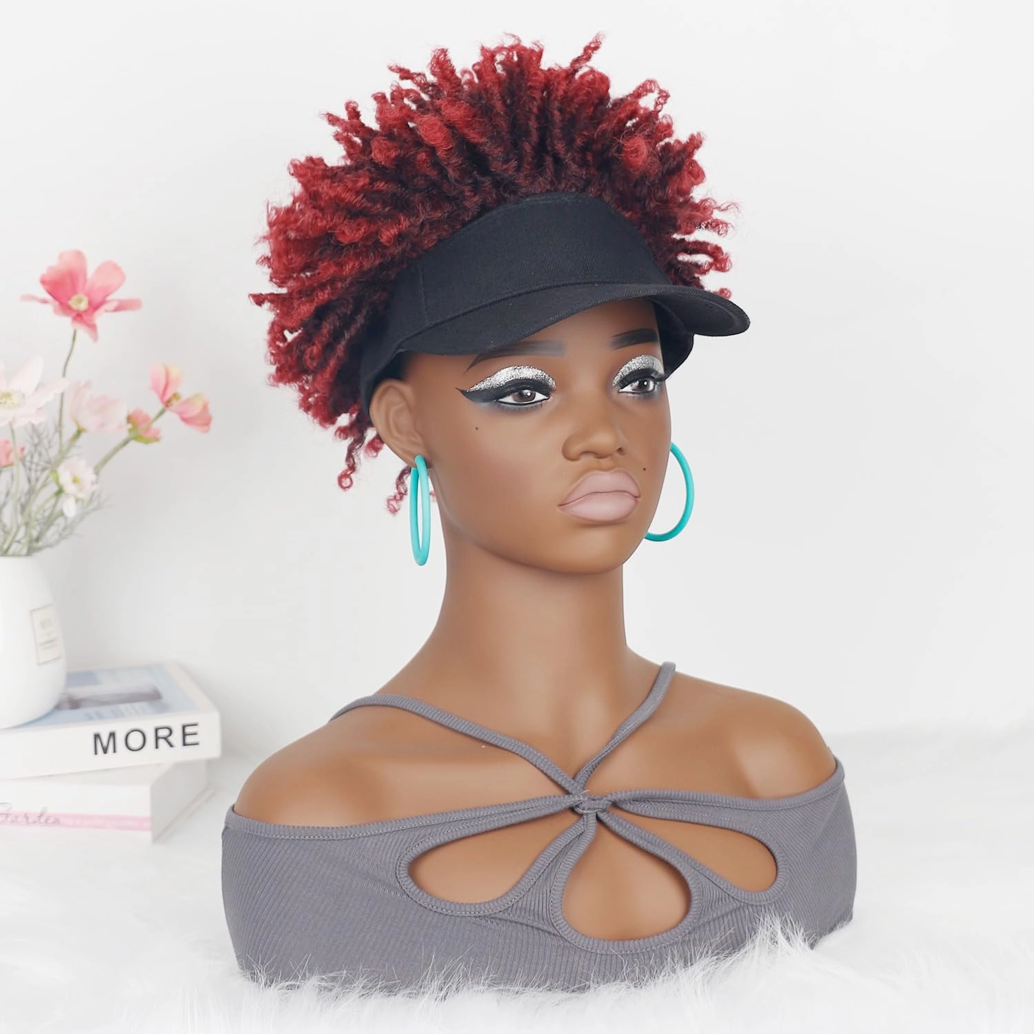 Short Braided Hat Wig Black Baseball Cap with Hair Attached Ombre Red Color Dreadlocks Braids Wigs for Black Women(1BTBUG#)