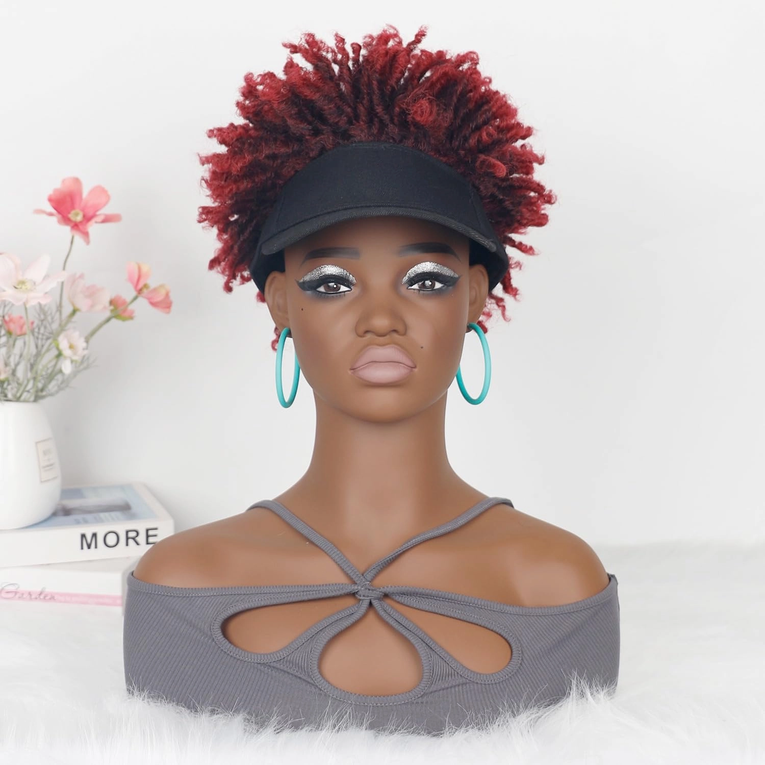 Short Braided Hat Wig Black Baseball Cap with Hair Attached Ombre Red Color Dreadlocks Braids Wigs for Black Women(1BTBUG#)