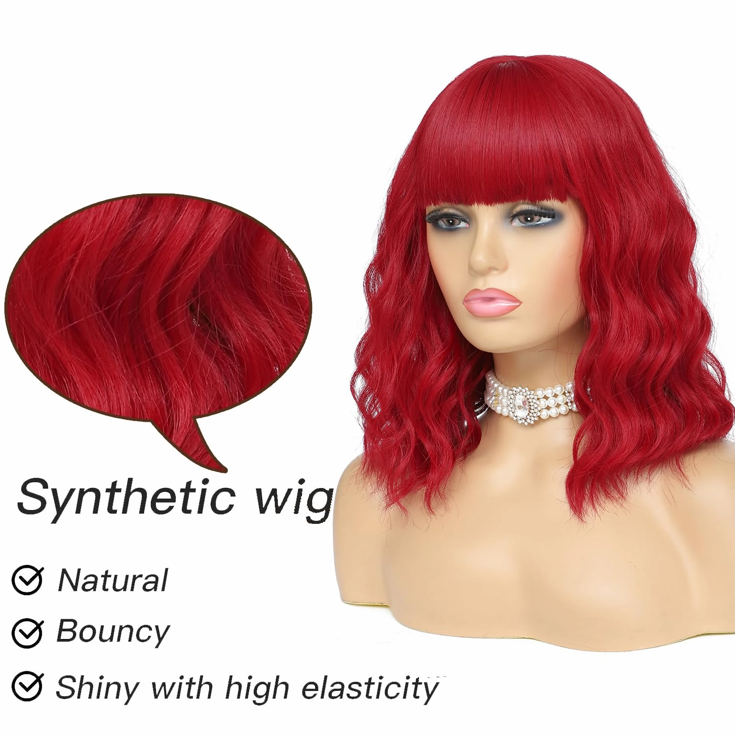 Short Wavy Red Wig with Bangs for Women Synthetic Curly Bob Wig Natural Looking Heat Resistant Fiber Wig for Daily Party