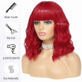 Short Wavy Red Wig with Bangs for Women Synthetic Curly Bob Wig Natural Looking Heat Resistant Fiber Wig for Daily Party