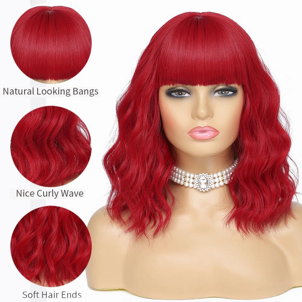 Short Wavy Red Wig with Bangs for Women Synthetic Curly Bob Wig Natural Looking Heat Resistant Fiber Wig for Daily Party