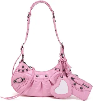 Shoulder Bags Black White Black Pink Rivets Crossbody Shoulder Bags Purse Women Underarm Bag(Pink)