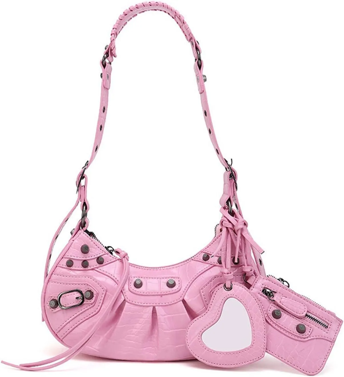 Shoulder Bags Black White Black Pink Rivets Crossbody Shoulder Bags Purse Women Underarm Bag(Pink)
