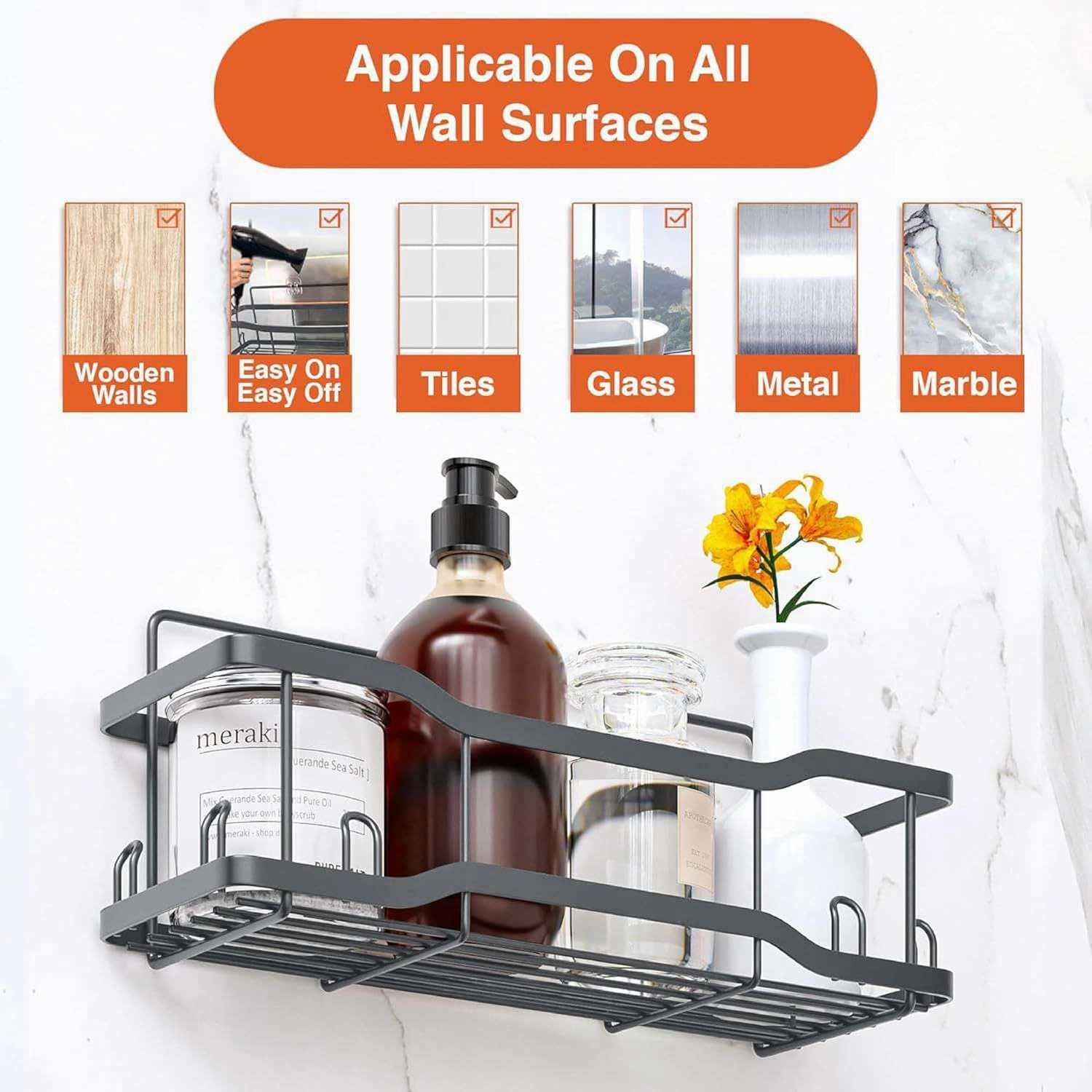 Shower Caddy Bathroom Shelves, The Athena Silken Grey 4 Set, 40LB Capacity, Adhesive Tape - No Drill-Rustproof -Gorgeous Powder Coated 304 Stainless Steel Shower Organizer for kitchen and Home Decor