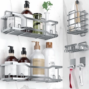 Shower Caddy Bathroom Shelves, The Athena Silken Grey 4 Set, 40LB Capacity, Adhesive Tape - No Drill-Rustproof -Gorgeous Powder Coated 304 Stainless Steel Shower Organizer for kitchen and Home Decor