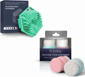 Silicone Body Scrubber (Green) & 2-Pack Face Scrubber (Pink & Blue) - Exfoliating Body Brush for Shower & Skin Cleanser - Gentle Double-Sided Facial Cleansing Brushes - Complete Skincare Set