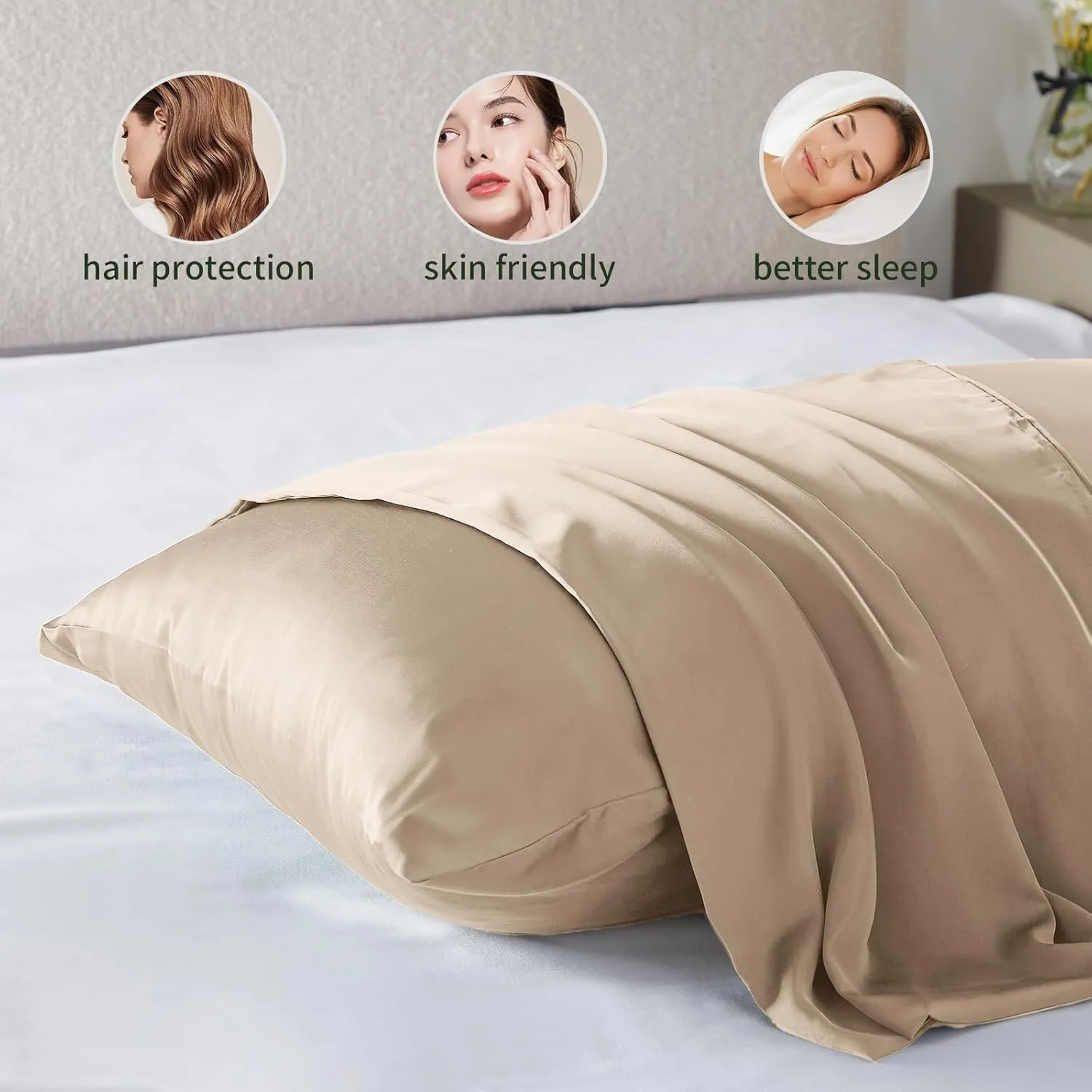 Silk Pillow Cases 2 Pack Mulberry Silk Pillow Cases Soft Breathable Both Sided Natural Silk Pillowcase with Zipper Beauty Sleep Silk Pillow Cases for Gift(Standard,Champagne)