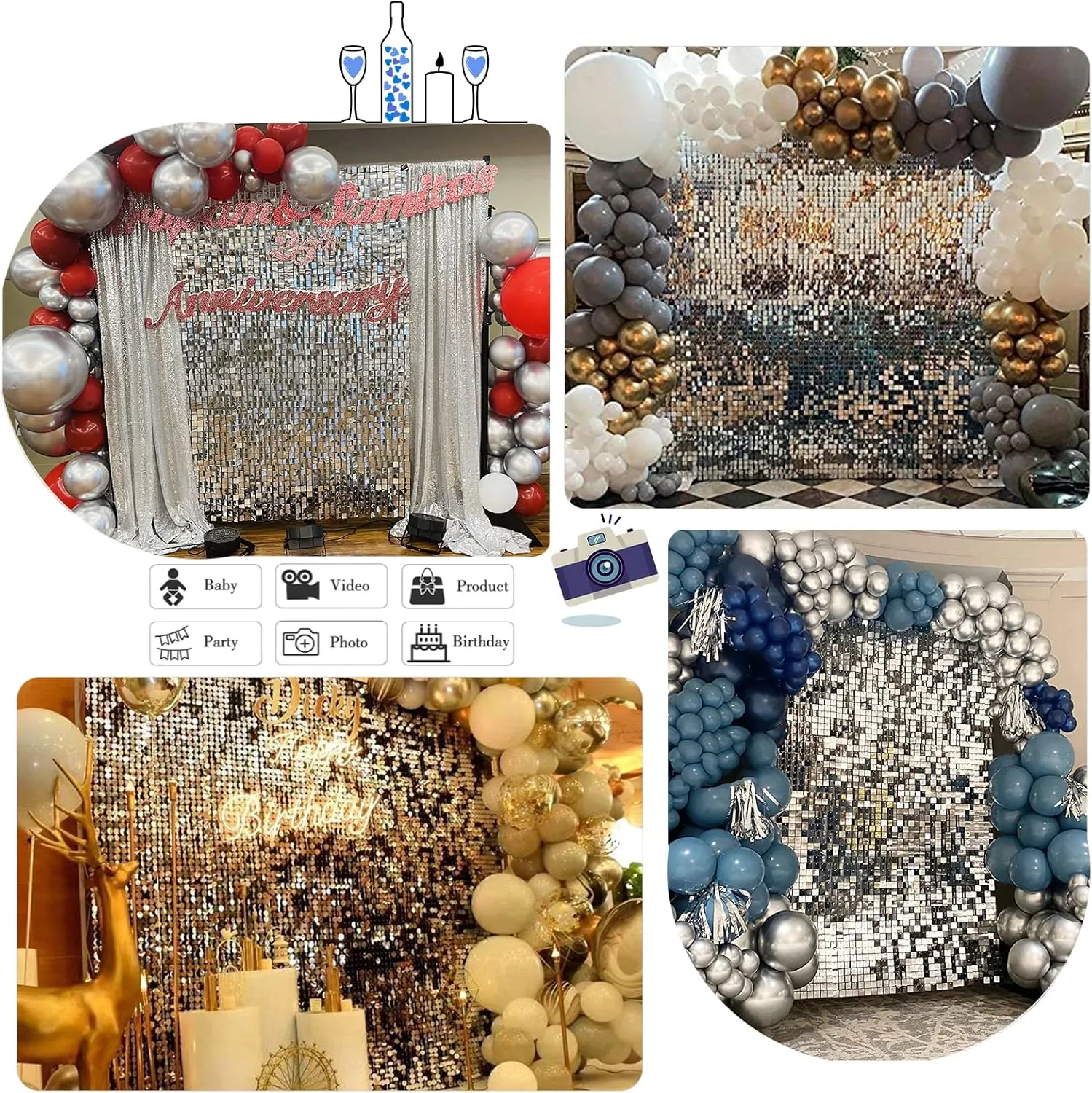 Silver Shimmer Backdrop Disco Wedding Shimmer Wall Backdrop Panels Christmas Glitter Wall Background for Bachelorette Party Bridal Shower Stage Panels(24 Packs)