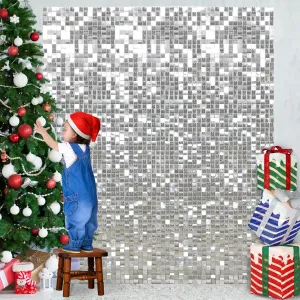 Silver Shimmer Backdrop Disco Wedding Shimmer Wall Backdrop Panels Christmas Glitter Wall Background for Bachelorette Party Bridal Shower Stage Panels(24 Packs)
