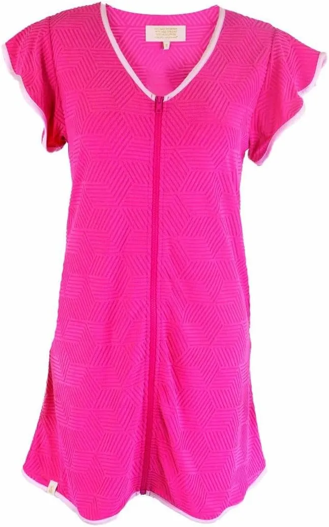 Simply Southern Women's Terry Zip-Front Coverup Dress, Short Sleeve V-Neck, Available in Navy and Hot Pink