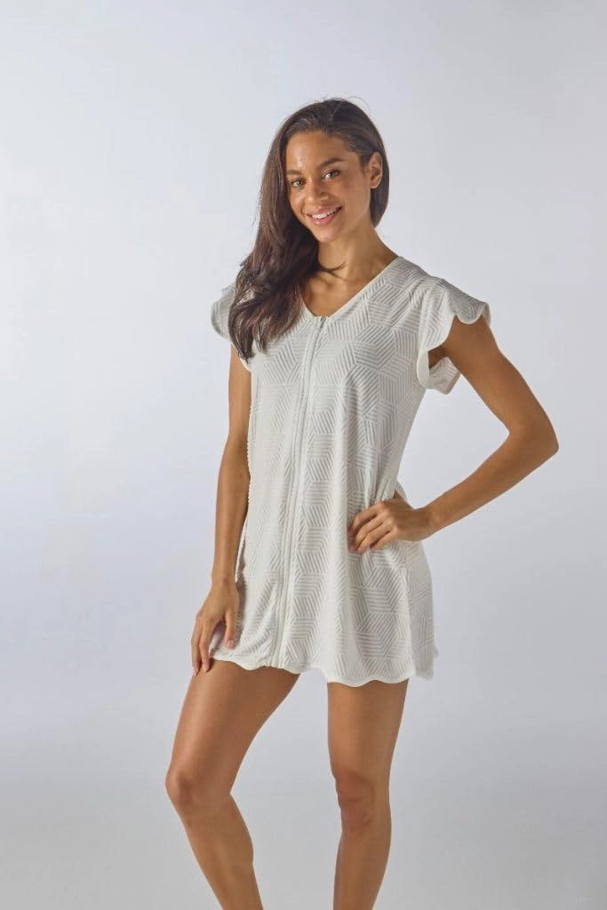 Simply Southern Women's Terry Zip-Front Coverup Dress, Short Sleeve V-Neck, Available in Navy and Hot Pink